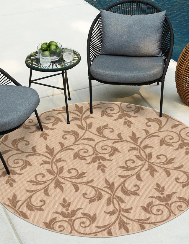 Beige 6' 1 x 6' 1 Outdoor Botanical Round Area Rug Weather Resistant for Patio, Deck, Terrace, Balcony, Porch Polypropylene Garden Floral Tropical Carpet for Sale at Rug Engine