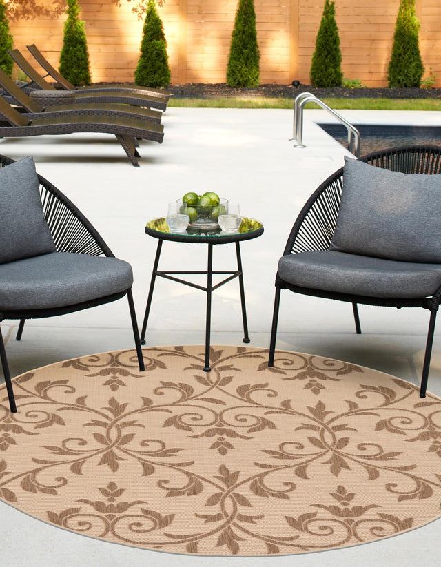 Beige 6' 1 x 6' 1 Outdoor Botanical Round Area Rug Weather Resistant for Patio, Deck, Terrace, Balcony, Porch Polypropylene Garden Floral Tropical Carpet for Sale at Rug Engine