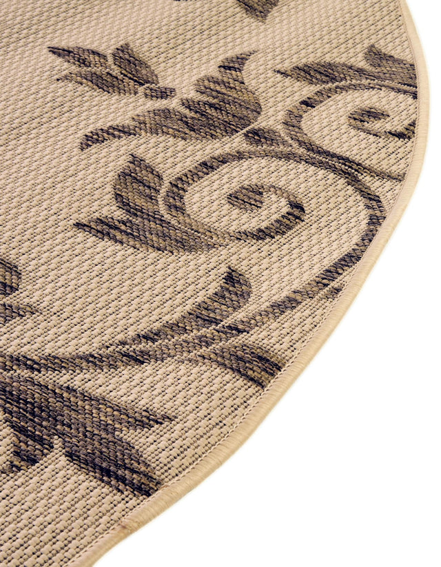 Beige 6' 1 x 6' 1 Outdoor Botanical Round Area Rug Weather Resistant for Patio, Deck, Terrace, Balcony, Porch Polypropylene Garden Floral Tropical Carpet for Sale at Rug Engine