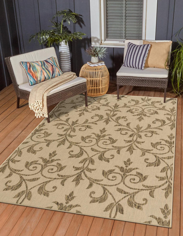 Beige 7' x 10' Outdoor Botanical Rectangle Area Rug Weather Resistant for Patio, Deck, Terrace, Balcony, Porch Polypropylene Garden Floral Tropical Carpet for Sale at Rug Engine