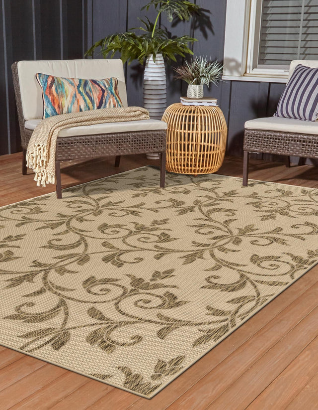 Beige 7' x 10' Outdoor Botanical Rectangle Area Rug Weather Resistant for Patio, Deck, Terrace, Balcony, Porch Polypropylene Garden Floral Tropical Carpet for Sale at Rug Engine