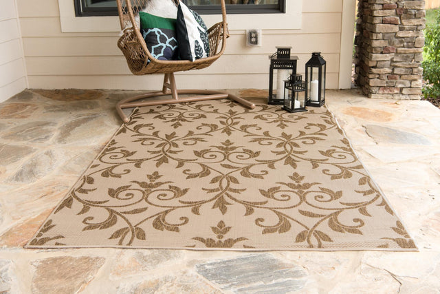 Beige 5' 3 x 8' Outdoor Botanical Rectangle Area Rug Weather Resistant for Patio, Deck, Terrace, Balcony, Porch Polypropylene Garden Floral Tropical Carpet for Sale at Rug Engine