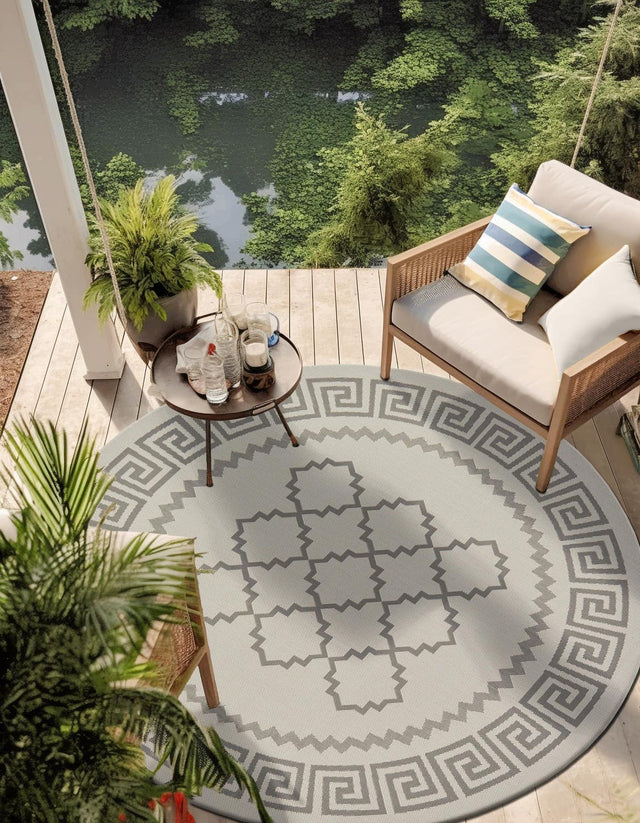 Gray 6' 1 x 6' 1 Outdoor Trellis Round Area Rug Weather Resistant for Patio, Deck, Terrace, Balcony, Porch Geometric Design Water Safe Outside Carpet for Sale at Rug Engine