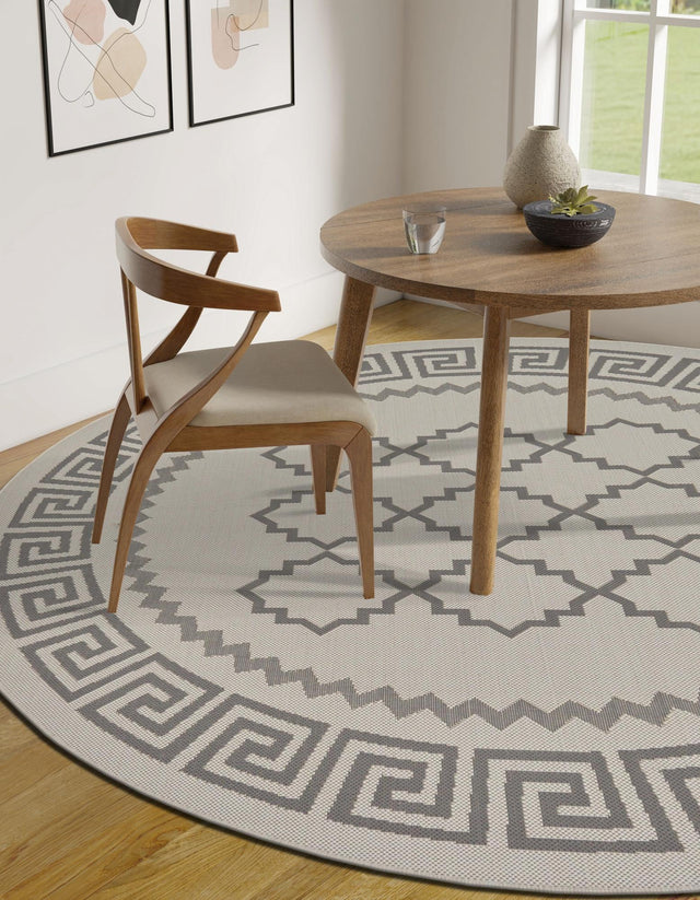 Gray 6' 1 x 6' 1 Outdoor Trellis Round Area Rug Weather Resistant for Patio, Deck, Terrace, Balcony, Porch Geometric Design Water Safe Outside Carpet for Sale at Rug Engine