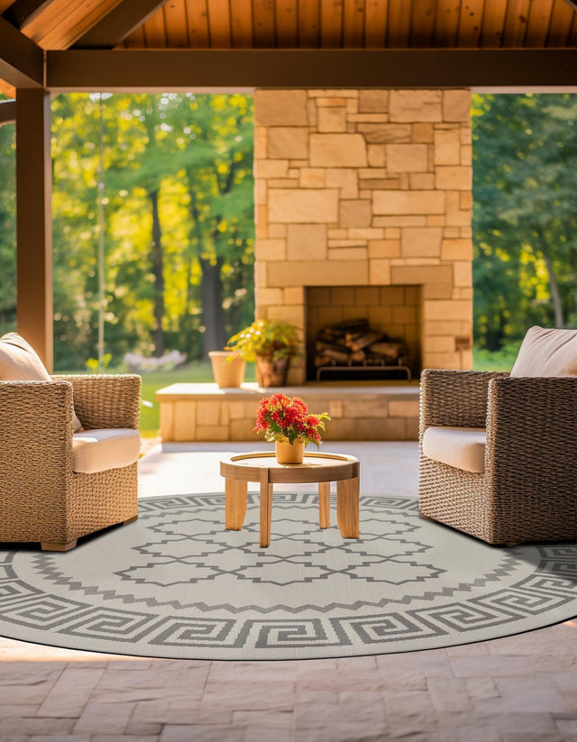 Gray 6' 1 x 6' 1 Outdoor Trellis Round Area Rug Weather Resistant for Patio, Deck, Terrace, Balcony, Porch Geometric Design Water Safe Outside Carpet for Sale at Rug Engine