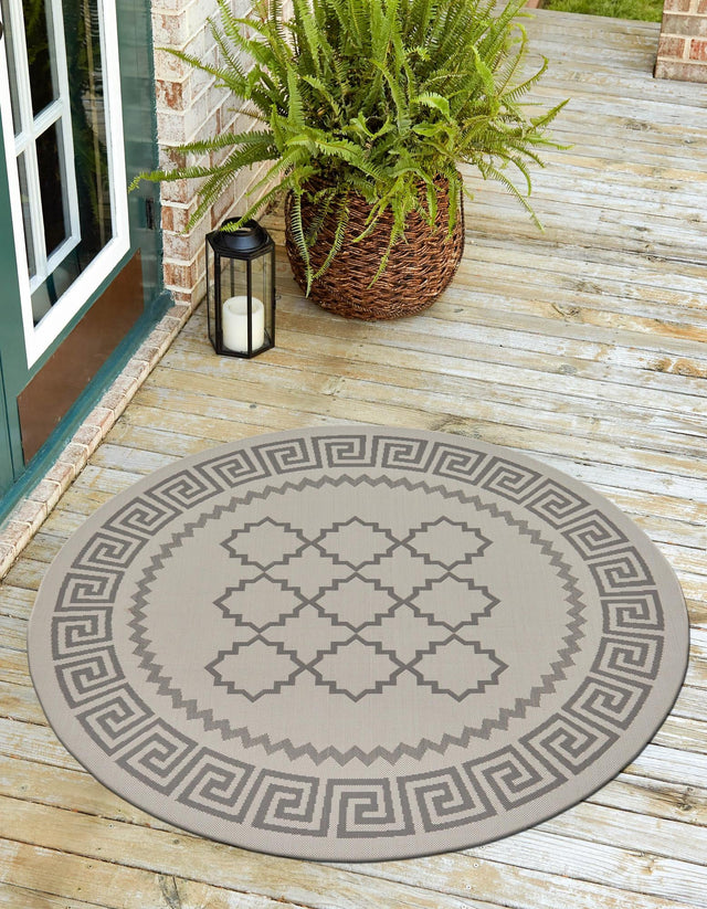 Gray 6' 1 x 6' 1 Outdoor Trellis Round Area Rug Weather Resistant for Patio, Deck, Terrace, Balcony, Porch Geometric Design Water Safe Outside Carpet for Sale at Rug Engine