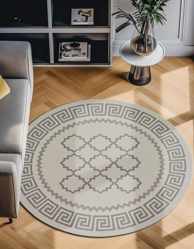 Gray 6' 1 x 6' 1 Outdoor Trellis Round Area Rug Weather Resistant for Patio, Deck, Terrace, Balcony, Porch Geometric Design Water Safe Outside Carpet for Sale at Rug Engine