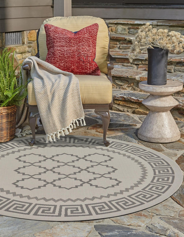 Gray 6' 1 x 6' 1 Outdoor Trellis Round Area Rug Weather Resistant for Patio, Deck, Terrace, Balcony, Porch Geometric Design Water Safe Outside Carpet for Sale at Rug Engine