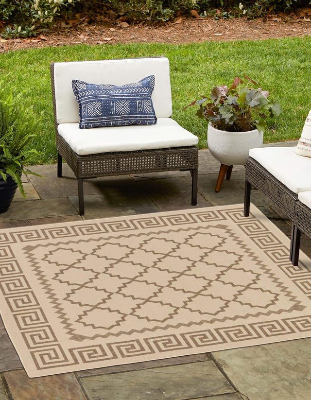 Beige 6' 1 x 6' 1 Outdoor Trellis Square Area Rug Weather Resistant for Patio, Deck, Terrace, Balcony, Porch Geometric Design Water Safe Outside Carpet for Sale at Rug Engine