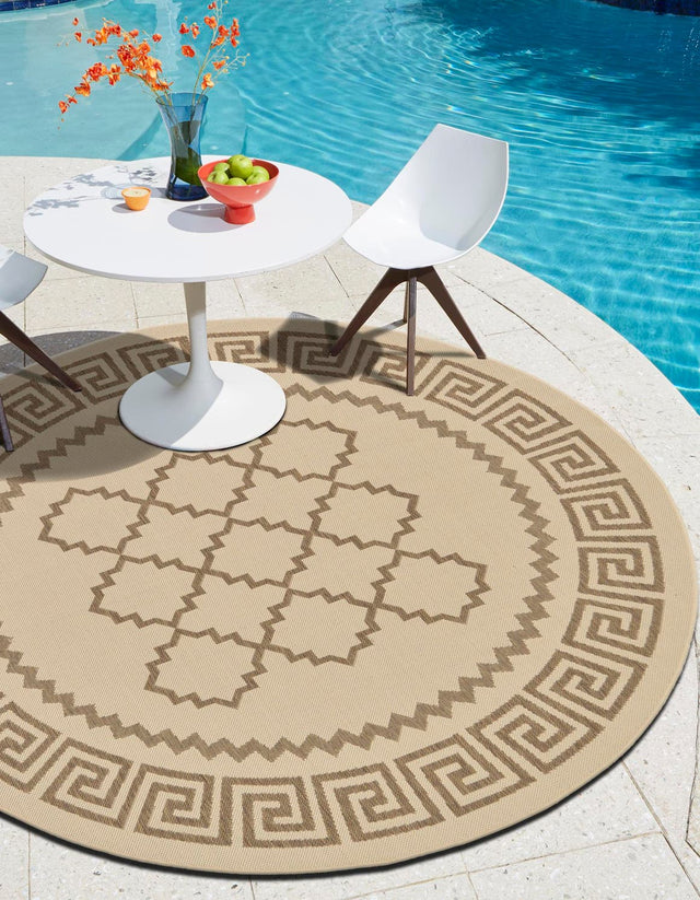 Beige 6' 1 x 6' 1 Outdoor Trellis Round Area Rug Weather Resistant for Patio, Deck, Terrace, Balcony, Porch Geometric Design Water Safe Outside Carpet for Sale at Rug Engine