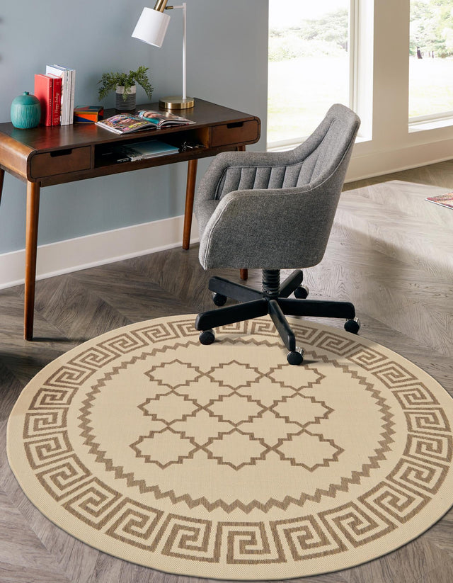 Beige 6' 1 x 6' 1 Outdoor Trellis Round Area Rug Weather Resistant for Patio, Deck, Terrace, Balcony, Porch Geometric Design Water Safe Outside Carpet for Sale at Rug Engine
