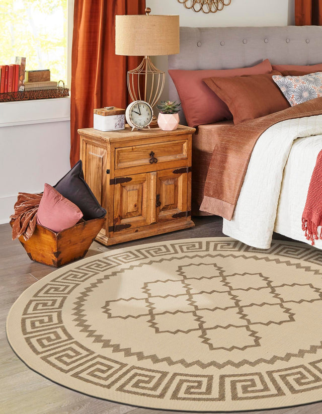 Beige 6' 1 x 6' 1 Outdoor Trellis Round Area Rug Weather Resistant for Patio, Deck, Terrace, Balcony, Porch Geometric Design Water Safe Outside Carpet for Sale at Rug Engine