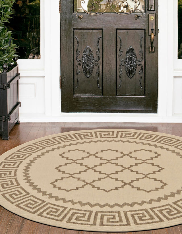 Beige 6' 1 x 6' 1 Outdoor Trellis Round Area Rug Weather Resistant for Patio, Deck, Terrace, Balcony, Porch Geometric Design Water Safe Outside Carpet for Sale at Rug Engine