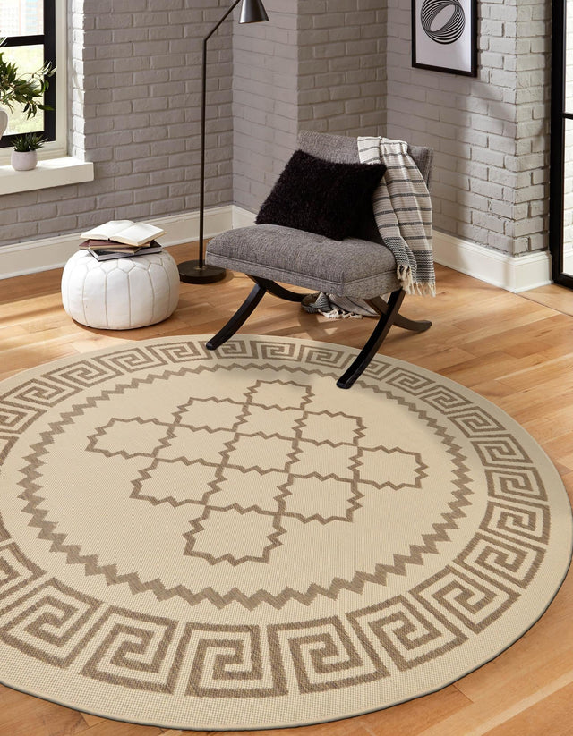 Beige 6' 1 x 6' 1 Outdoor Trellis Round Area Rug Weather Resistant for Patio, Deck, Terrace, Balcony, Porch Geometric Design Water Safe Outside Carpet for Sale at Rug Engine
