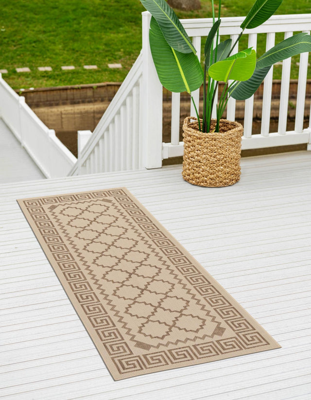 Beige 2' 2 x 6' Outdoor Trellis Runner Area Rug Weather Resistant for Patio, Deck, Terrace, Balcony, Porch Geometric Design Water Safe Outside Carpet for Sale at Rug Engine