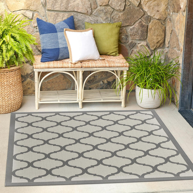 Gray 6' 1 x 6' 1 Outdoor Trellis Square Area Rug Weather Resistant for Patio, Deck, Terrace, Balcony, Porch Geometric Design Water Safe Outside Carpet for Sale at Rug Engine