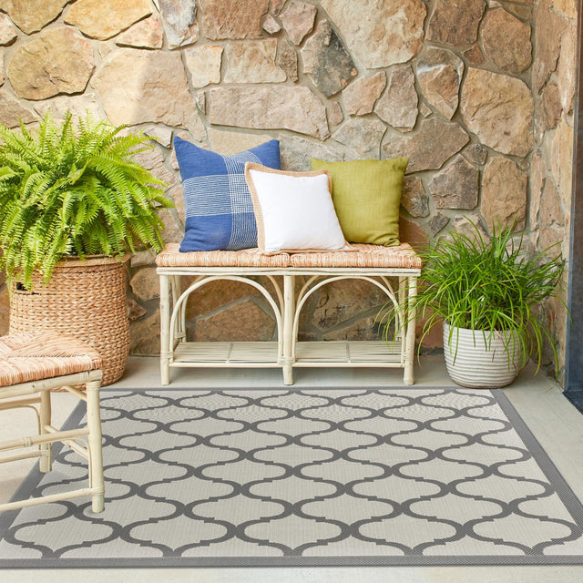 Gray 6' 1 x 6' 1 Outdoor Trellis Square Area Rug Weather Resistant for Patio, Deck, Terrace, Balcony, Porch Geometric Design Water Safe Outside Carpet for Sale at Rug Engine