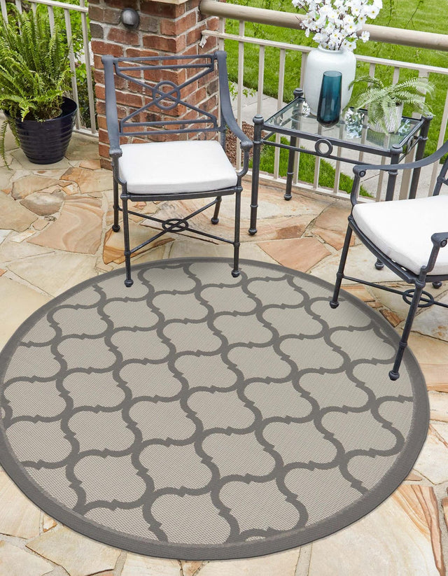 Gray 6' 1 x 6' 1 Outdoor Trellis Round Area Rug Weather Resistant for Patio, Deck, Terrace, Balcony, Porch Geometric Design Water Safe Outside Carpet for Sale at Rug Engine
