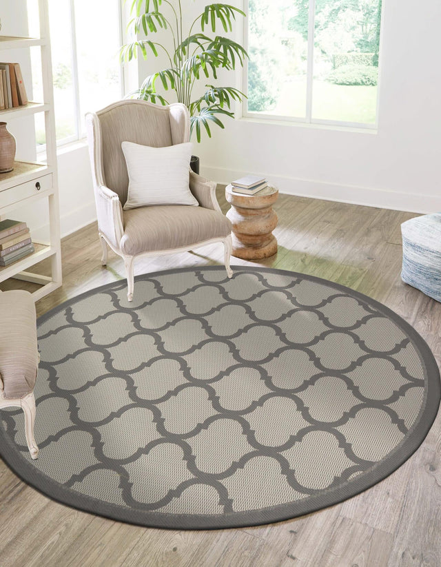Gray 6' 1 x 6' 1 Outdoor Trellis Round Area Rug Weather Resistant for Patio, Deck, Terrace, Balcony, Porch Geometric Design Water Safe Outside Carpet for Sale at Rug Engine