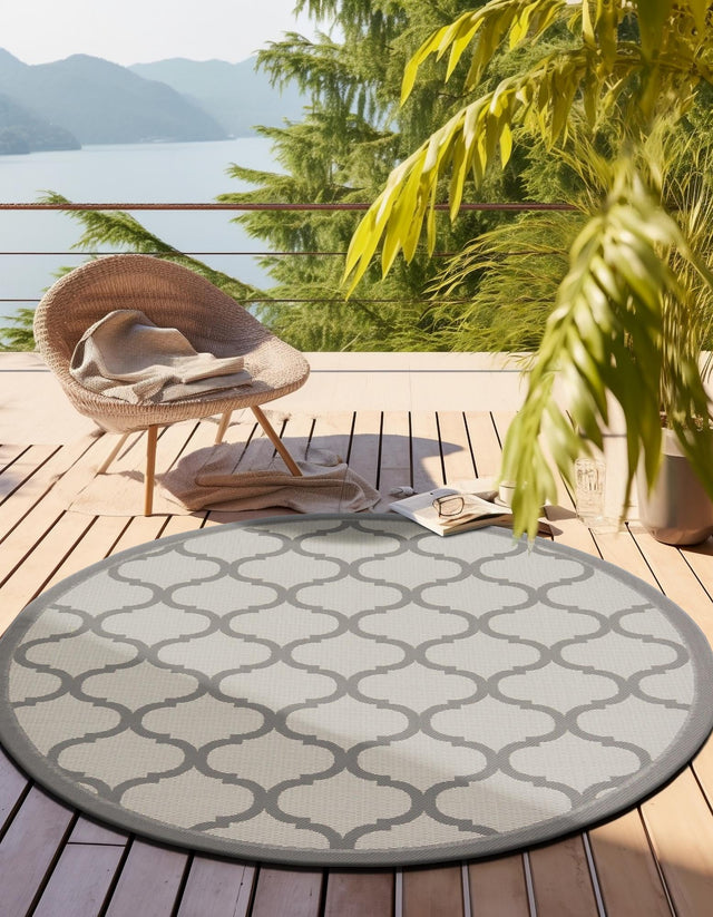 Gray 6' 1 x 6' 1 Outdoor Trellis Round Area Rug Weather Resistant for Patio, Deck, Terrace, Balcony, Porch Geometric Design Water Safe Outside Carpet for Sale at Rug Engine