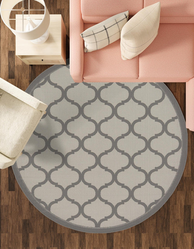 Gray 6' 1 x 6' 1 Outdoor Trellis Round Area Rug Weather Resistant for Patio, Deck, Terrace, Balcony, Porch Geometric Design Water Safe Outside Carpet for Sale at Rug Engine