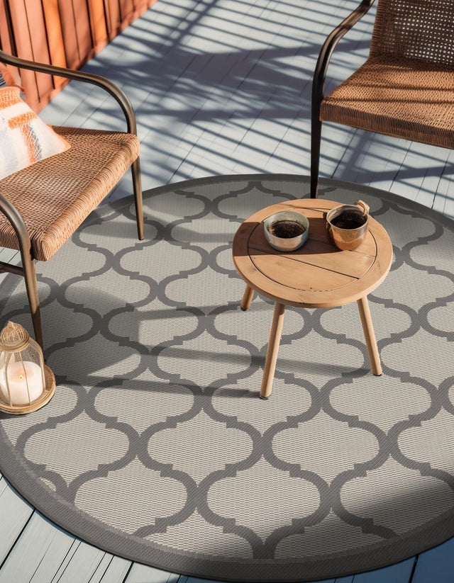 Gray 6' 1 x 6' 1 Outdoor Trellis Round Area Rug Weather Resistant for Patio, Deck, Terrace, Balcony, Porch Geometric Design Water Safe Outside Carpet for Sale at Rug Engine