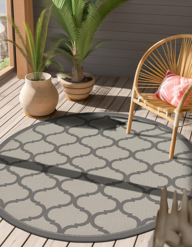 Gray 6' 1 x 6' 1 Outdoor Trellis Round Area Rug Weather Resistant for Patio, Deck, Terrace, Balcony, Porch Geometric Design Water Safe Outside Carpet for Sale at Rug Engine