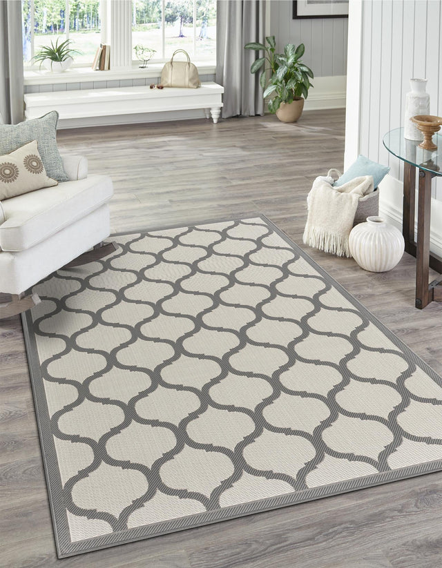 Gray 6' 1 x 9' Outdoor Trellis Rectangle Area Rug Weather Resistant for Patio, Deck, Terrace, Balcony, Porch Geometric Design Water Safe Outside Carpet for Sale at Rug Engine