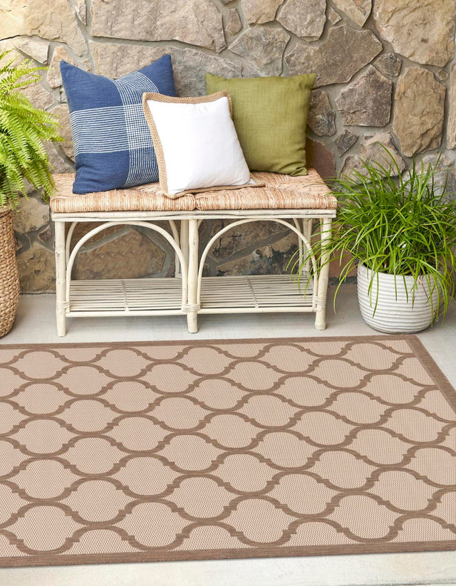 Beige and Brown 6' 1 x 6' 1 Outdoor Trellis Square Area Rug Weather Resistant for Patio, Deck, Terrace, Balcony, Porch Geometric Design Water Safe Outside Carpet for Sale at Rug Engine
