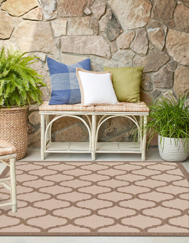 Beige and Brown 6' 1 x 6' 1 Outdoor Trellis Square Area Rug Weather Resistant for Patio, Deck, Terrace, Balcony, Porch Geometric Design Water Safe Outside Carpet for Sale at Rug Engine