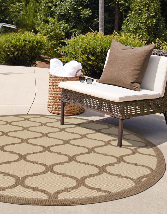 Beige and Brown 6' 1 x 6' 1 Outdoor Trellis Round Area Rug Weather Resistant for Patio, Deck, Terrace, Balcony, Porch Geometric Design Water Safe Outside Carpet for Sale at Rug Engine