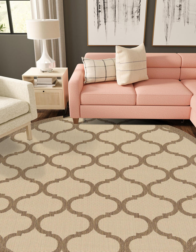 Beige and Brown 6' 1 x 6' 1 Outdoor Trellis Round Area Rug Weather Resistant for Patio, Deck, Terrace, Balcony, Porch Geometric Design Water Safe Outside Carpet for Sale at Rug Engine