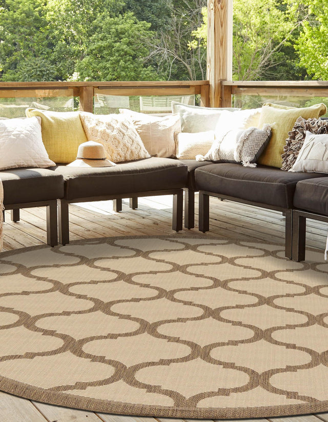 Beige and Brown 6' 1 x 6' 1 Outdoor Trellis Round Area Rug Weather Resistant for Patio, Deck, Terrace, Balcony, Porch Geometric Design Water Safe Outside Carpet for Sale at Rug Engine