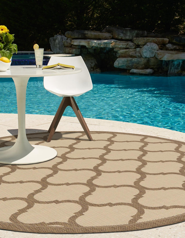 Beige and Brown 6' 1 x 6' 1 Outdoor Trellis Round Area Rug Weather Resistant for Patio, Deck, Terrace, Balcony, Porch Geometric Design Water Safe Outside Carpet for Sale at Rug Engine