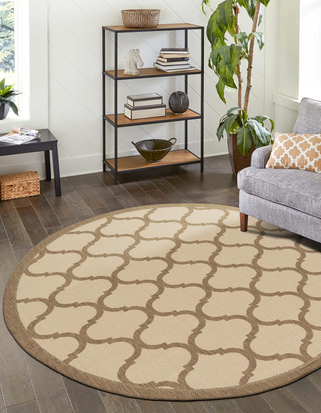 Beige and Brown 6' 1 x 6' 1 Outdoor Trellis Round Area Rug Weather Resistant for Patio, Deck, Terrace, Balcony, Porch Geometric Design Water Safe Outside Carpet for Sale at Rug Engine