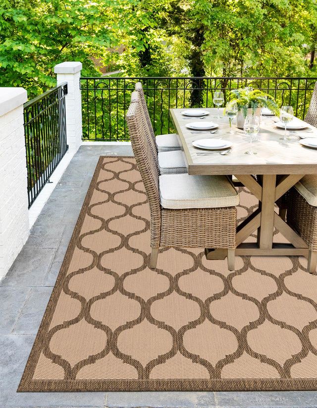 Beige and Brown 7' 1 x 10' Outdoor Trellis Rectangle Area Rug Weather Resistant for Patio, Deck, Terrace, Balcony, Porch Geometric Design Water Safe Outside Carpet for Sale at Rug Engine