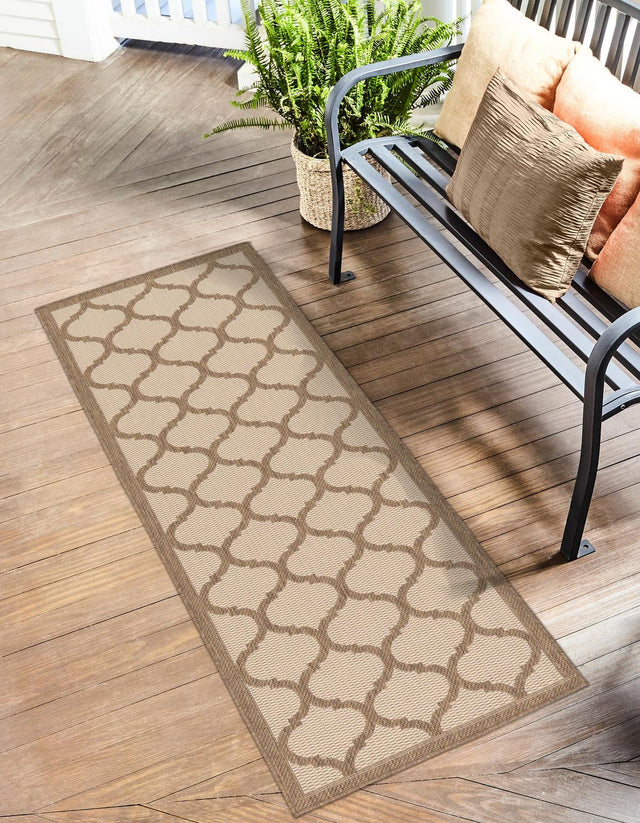 Beige and Brown 2' 2 x 6' 1 Outdoor Trellis Runner Area Rug Weather Resistant for Patio, Deck, Terrace, Balcony, Porch Geometric Design Water Safe Outside Carpet for Sale at Rug Engine