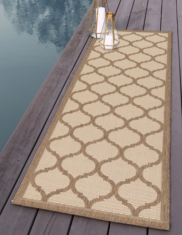 Beige and Brown 2' 2 x 6' 1 Outdoor Trellis Runner Area Rug Weather Resistant for Patio, Deck, Terrace, Balcony, Porch Geometric Design Water Safe Outside Carpet for Sale at Rug Engine