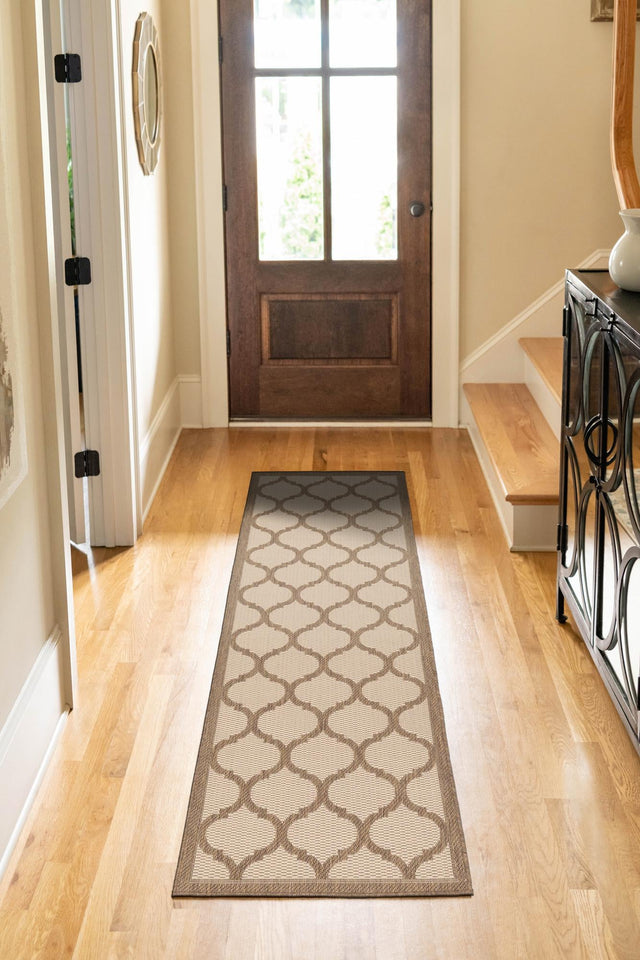 Beige and Brown 2' 2 x 6' 1 Outdoor Trellis Runner Area Rug Weather Resistant for Patio, Deck, Terrace, Balcony, Porch Geometric Design Water Safe Outside Carpet for Sale at Rug Engine