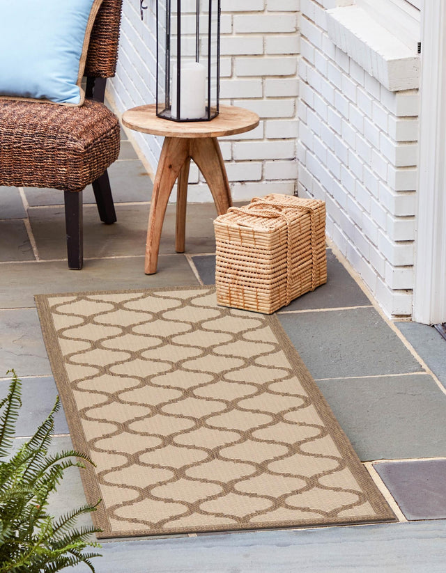 Beige and Brown 2' 2 x 6' 1 Outdoor Trellis Runner Area Rug Weather Resistant for Patio, Deck, Terrace, Balcony, Porch Geometric Design Water Safe Outside Carpet for Sale at Rug Engine