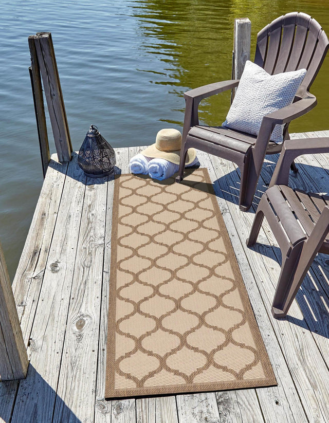 Beige and Brown 2' 2 x 6' 1 Outdoor Trellis Runner Area Rug Weather Resistant for Patio, Deck, Terrace, Balcony, Porch Geometric Design Water Safe Outside Carpet for Sale at Rug Engine