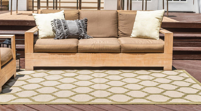 Beige and Olive 7' 1 x 10' Outdoor Trellis Rectangle Area Rug Weather Resistant for Patio, Deck, Terrace, Balcony, Porch Geometric Design Water Safe Outside Carpet for Sale at Rug Engine