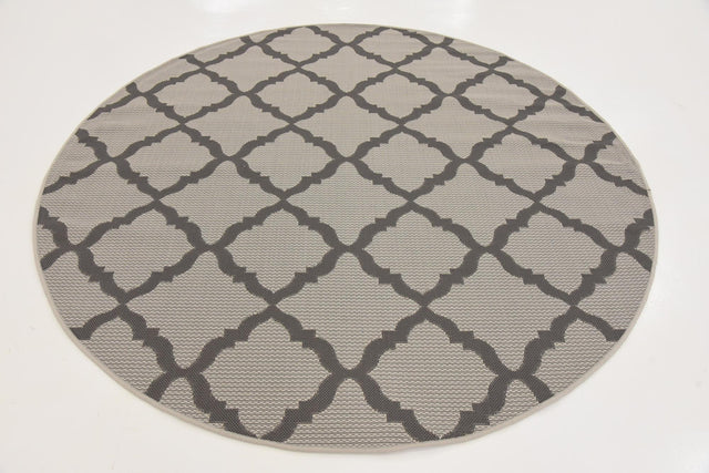 Gray 6' x 6' Outdoor Trellis Round Area Rug Weather Resistant for Patio, Deck, Terrace, Balcony, Porch Geometric Design Water Safe Outside Carpet for Sale at Rug Engine