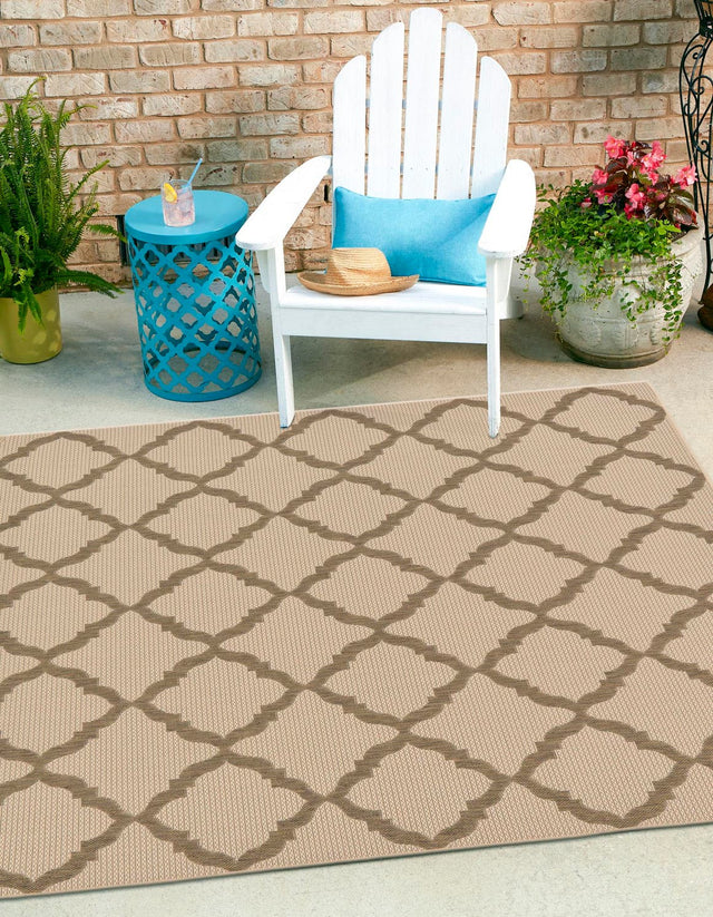 Beige 6' x 6' Outdoor Trellis Square Area Rug Weather Resistant for Patio, Deck, Terrace, Balcony, Porch Geometric Design Water Safe Outside Carpet for Sale at Rug Engine