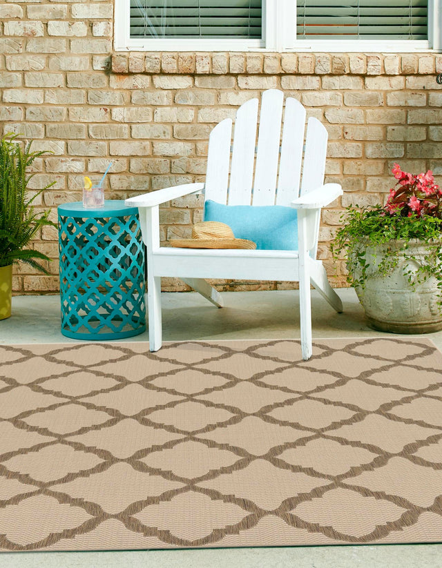 Beige 6' x 6' Outdoor Trellis Square Area Rug Weather Resistant for Patio, Deck, Terrace, Balcony, Porch Geometric Design Water Safe Outside Carpet for Sale at Rug Engine