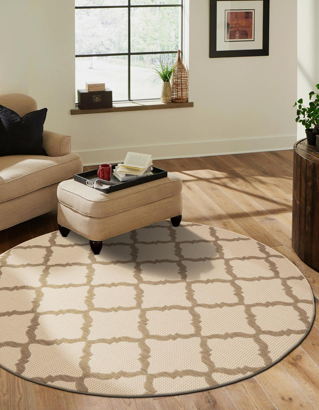 Beige 6' 1 x 6' 1 Outdoor Trellis Round Area Rug Weather Resistant for Patio, Deck, Terrace, Balcony, Porch Geometric Design Water Safe Outside Carpet for Sale at Rug Engine