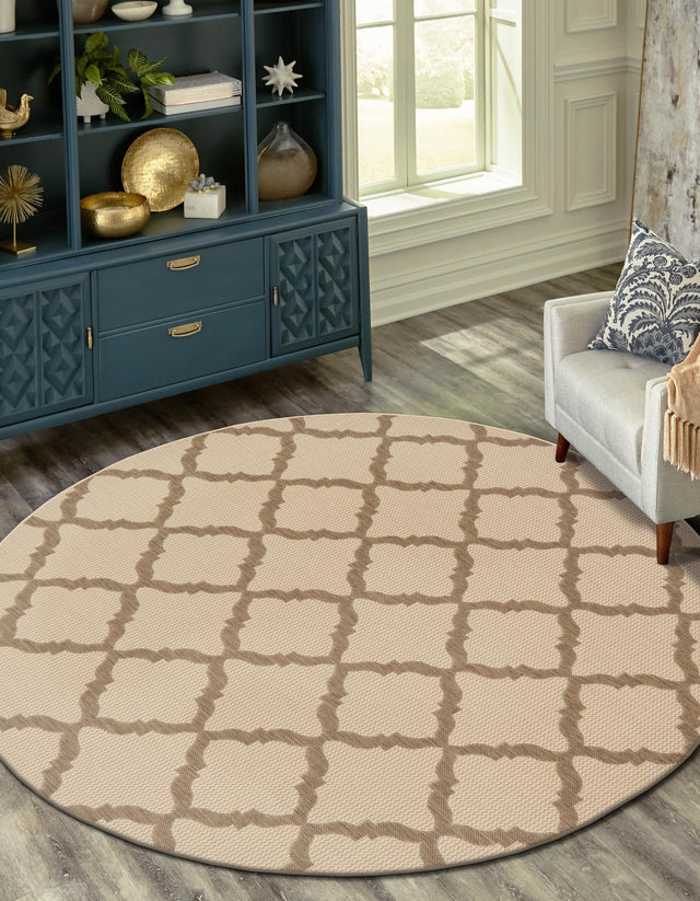 Beige 6' 1 x 6' 1 Outdoor Trellis Round Area Rug Weather Resistant for Patio, Deck, Terrace, Balcony, Porch Geometric Design Water Safe Outside Carpet for Sale at Rug Engine