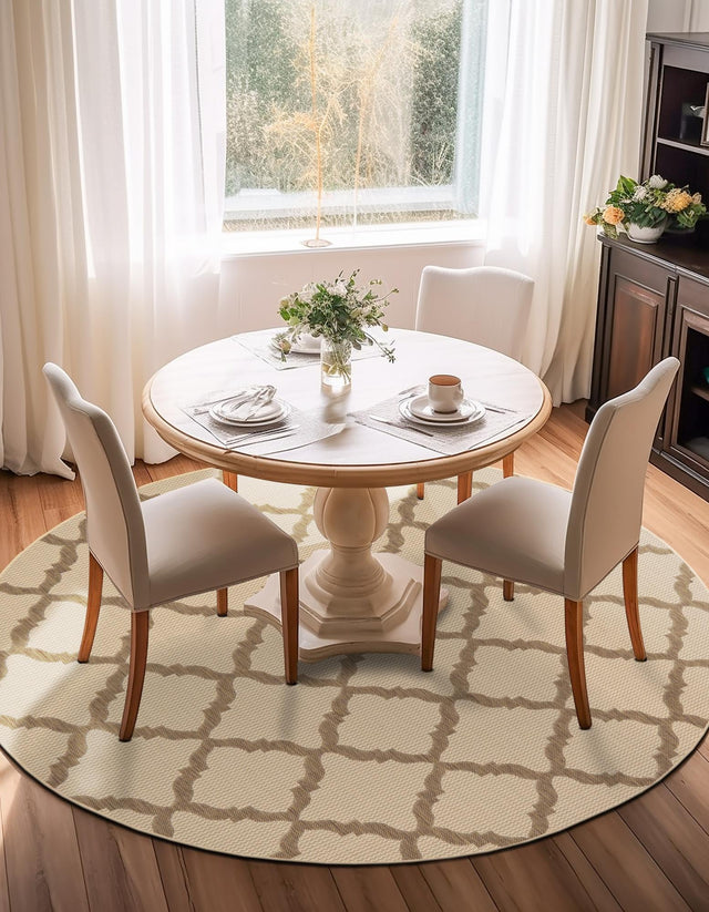Beige 6' 1 x 6' 1 Outdoor Trellis Round Area Rug Weather Resistant for Patio, Deck, Terrace, Balcony, Porch Geometric Design Water Safe Outside Carpet for Sale at Rug Engine