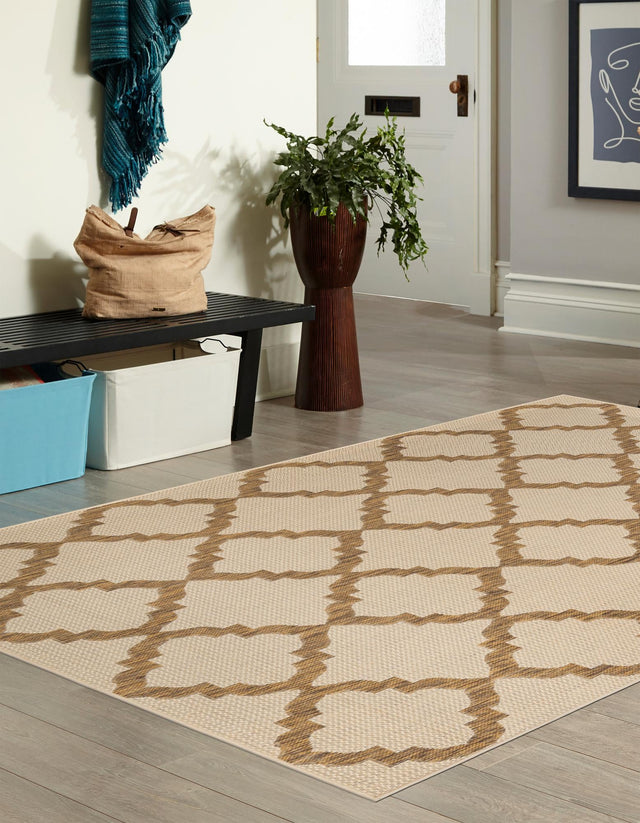 Beige 5' 3 x 8' Outdoor Trellis Rectangle Area Rug Weather Resistant for Patio, Deck, Terrace, Balcony, Porch Geometric Design Water Safe Outside Carpet for Sale at Rug Engine
