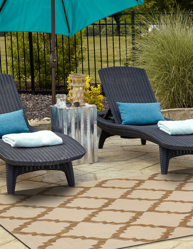 Beige 5' 3 x 8' Outdoor Trellis Rectangle Area Rug Weather Resistant for Patio, Deck, Terrace, Balcony, Porch Geometric Design Water Safe Outside Carpet for Sale at Rug Engine